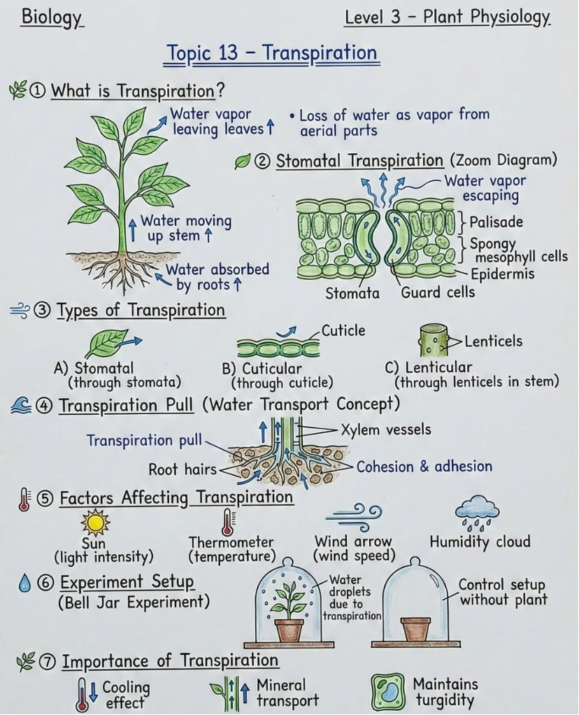 Schema della traspirazione vegetale attraverso gli stomi e dei fattori ambientali che la influenzano